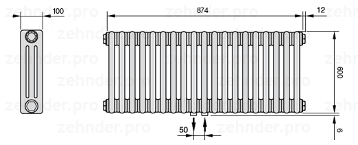 Схема (чертеж) Радиатор Zehnder Charleston 3060/19 №5410 Белый глянцевый RAL 9016